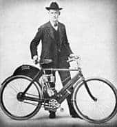 Oscar Hedstrom with the first prototype of Indian motorcycle